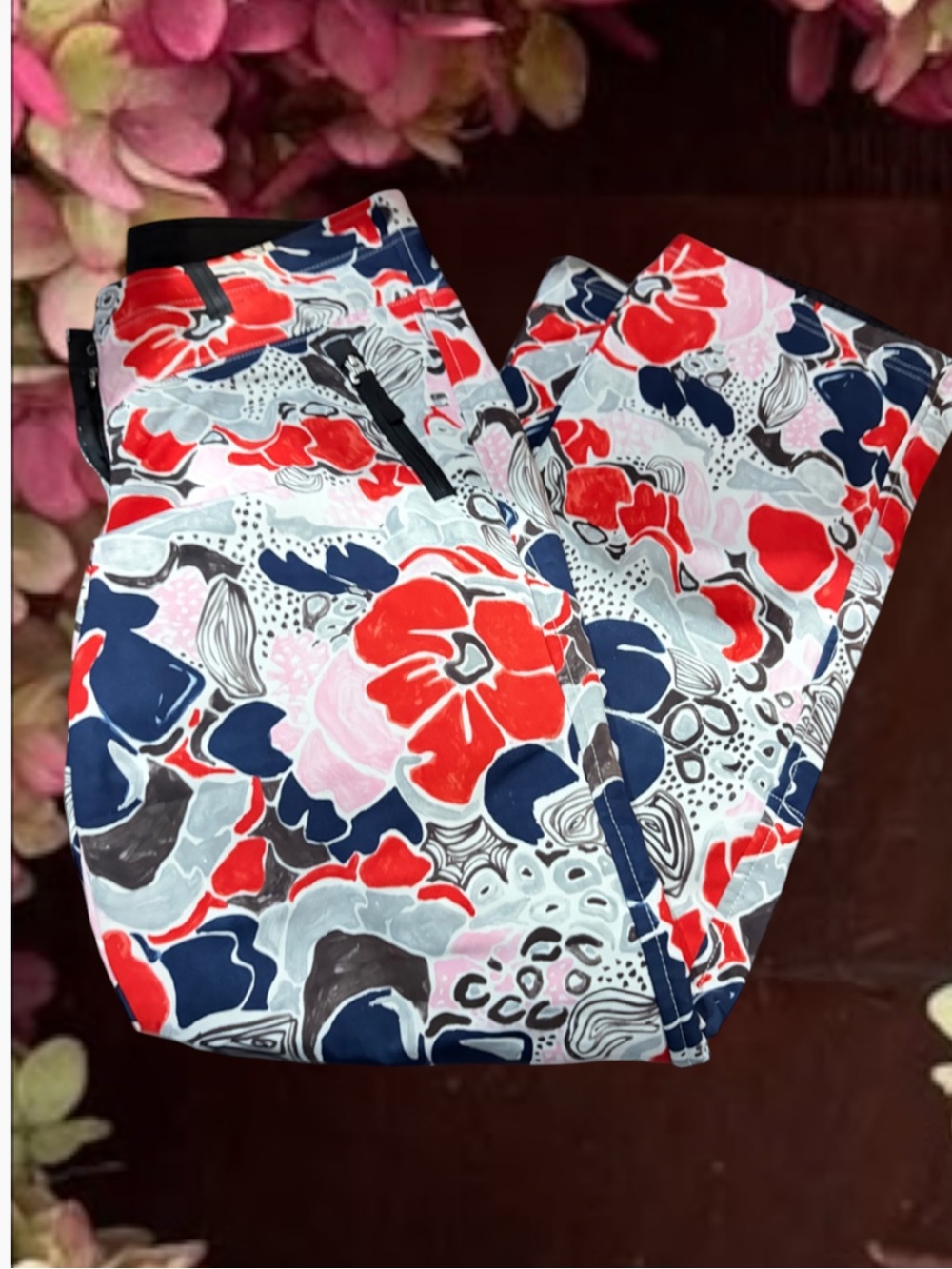 Bogner Floral Print Boot-Cut Stretch Ski Pants in Red, Navy & Cream